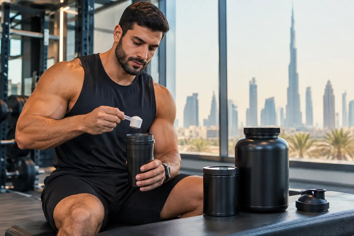 Lifter checking a third party tested supplement in a Dubai gym