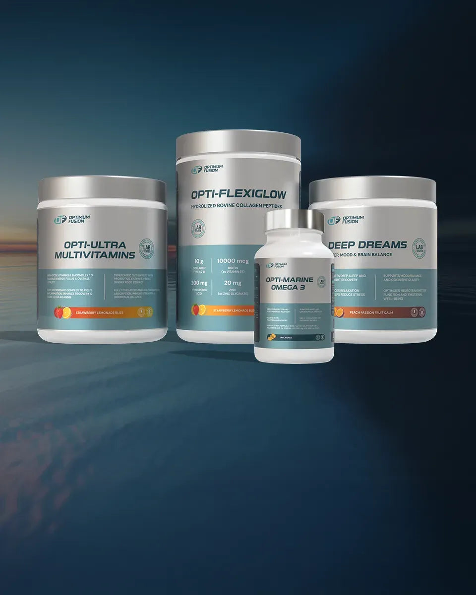 Collection of Optimum Nutrition supplement containers on a reflective blue surface with gradient background