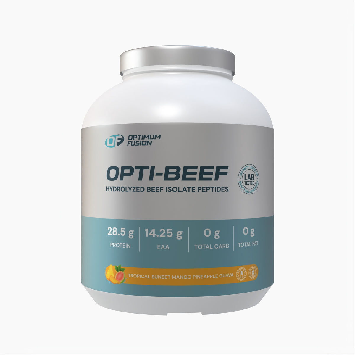 Optimum Fusion Opti-Beef hydrolyzed beef protein tub – Tropical Sunset Mango Pineapple Guava