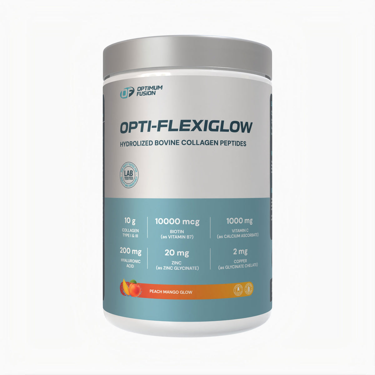Optimum Fusion Opti-Flexiglow collagen peptides tub – Peach Mango Glow