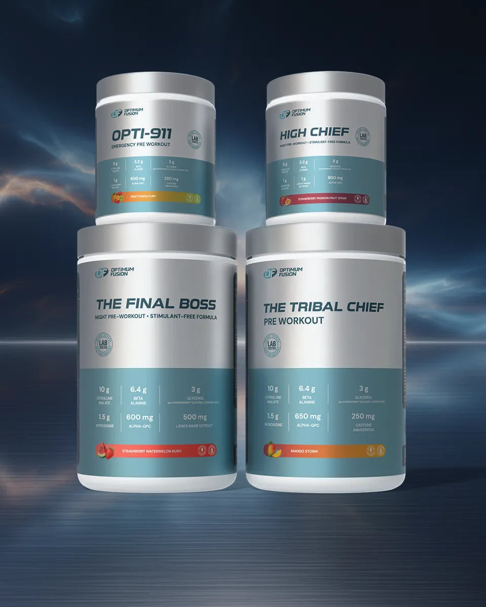 Four containers of pre-workout supplements on a dark background