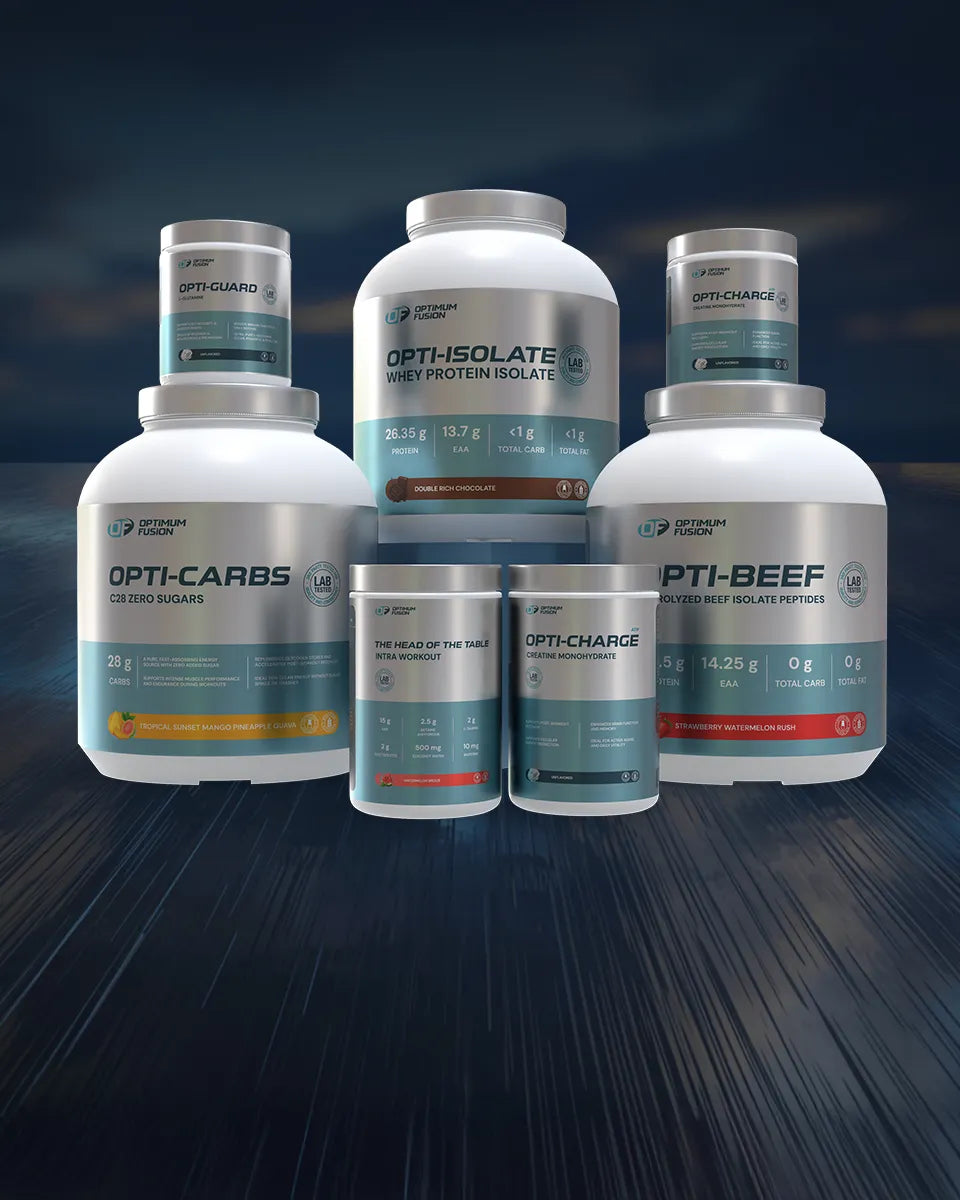 Collection of Optimum Nutrition supplement bottles on a dark background