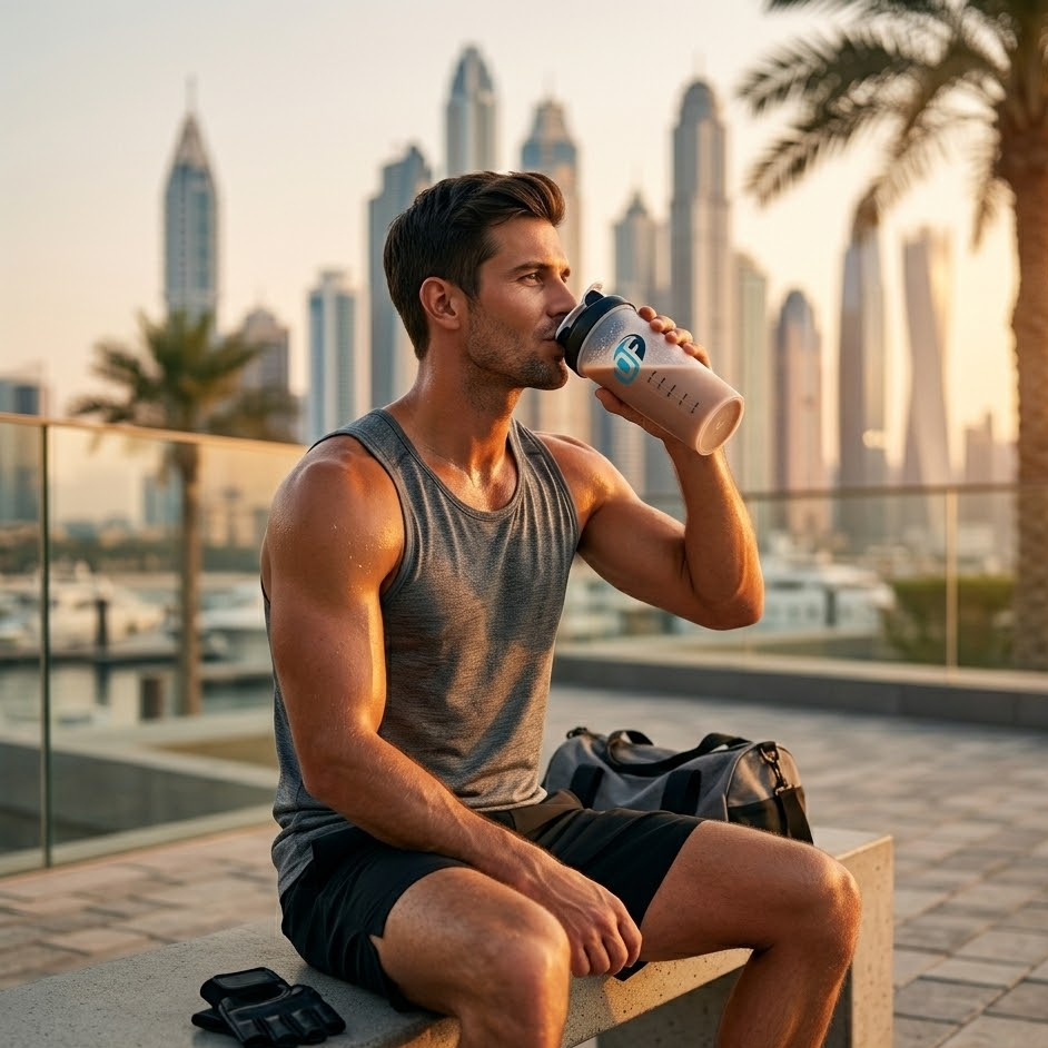 Man drinking from a protein shake container with city skyline and marina in the background