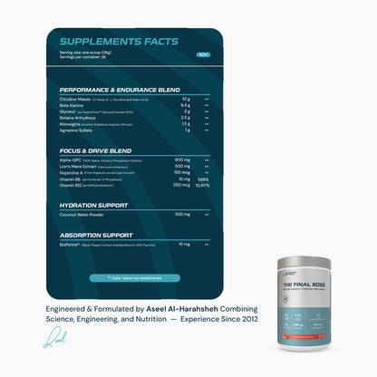 The Final Boss stimulant-free pre-workout supplement facts label