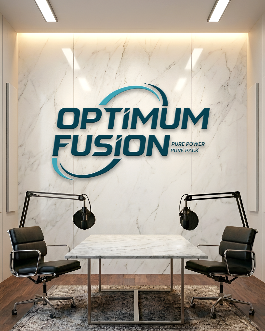 Modern office setup with 'Optimum Fusion' logo on a marble wall.
