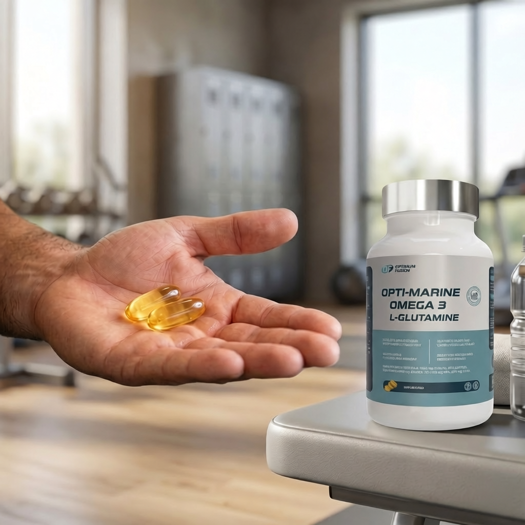 Hand holding two capsules with a supplement bottle labeled 'Opti-Marine Omega 3 L-Glutamine' on a table.