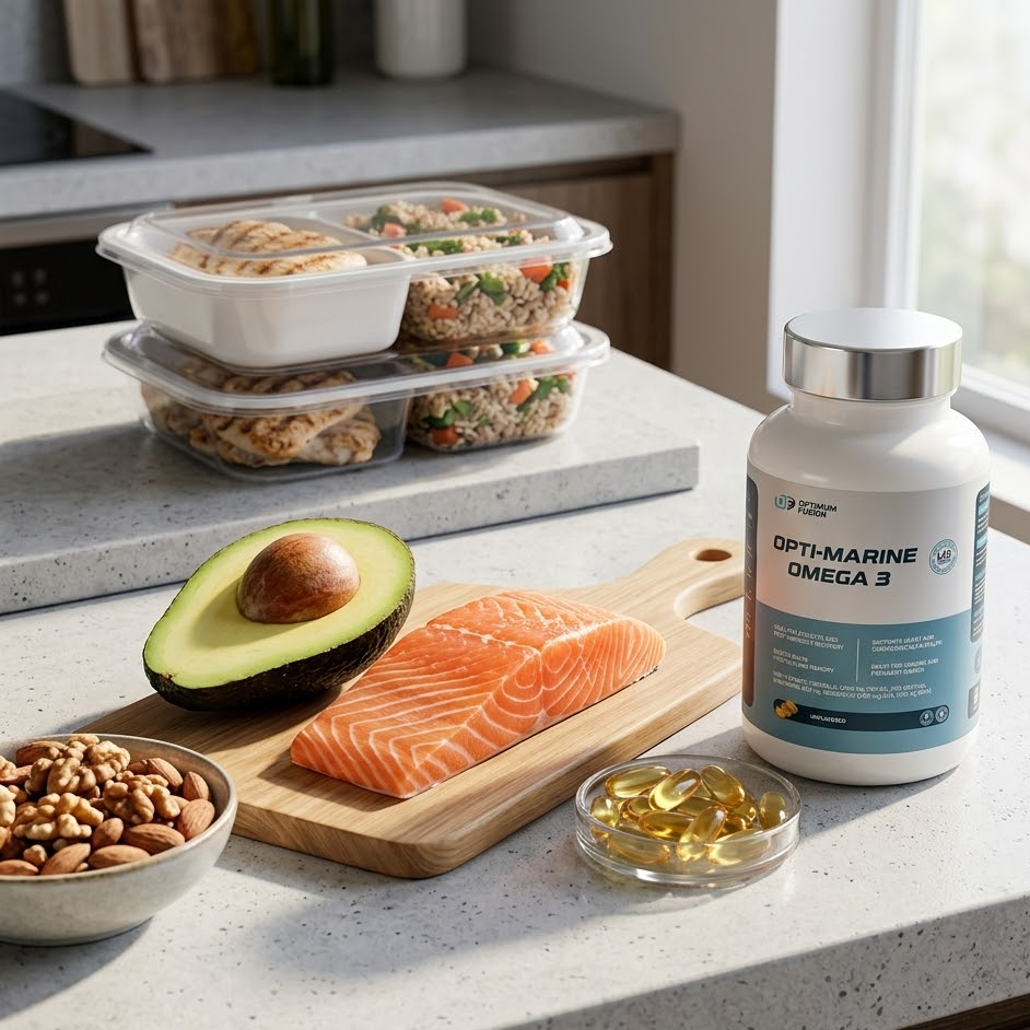 Opti-Marine Omega 3 supplement bottle on a kitchen counter with salmon, avocado, and nuts.
