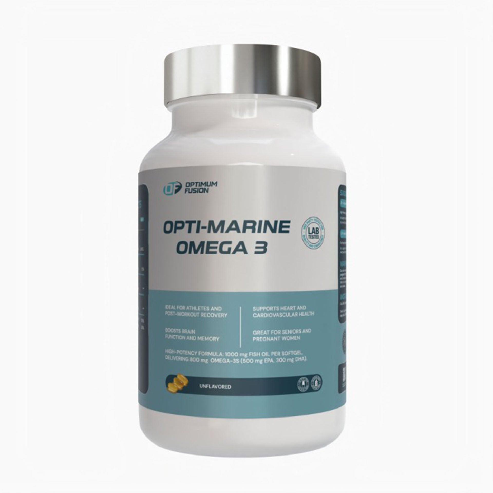 Opti-Marine Omega 3 supplement bottle on a white background