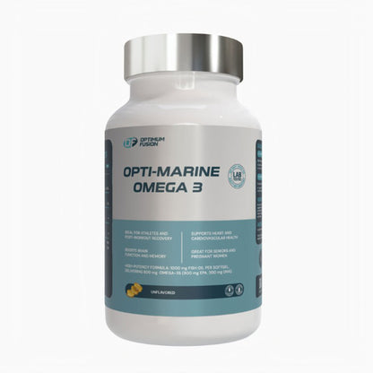 Opti-Marine Omega 3 supplement bottle on a white background