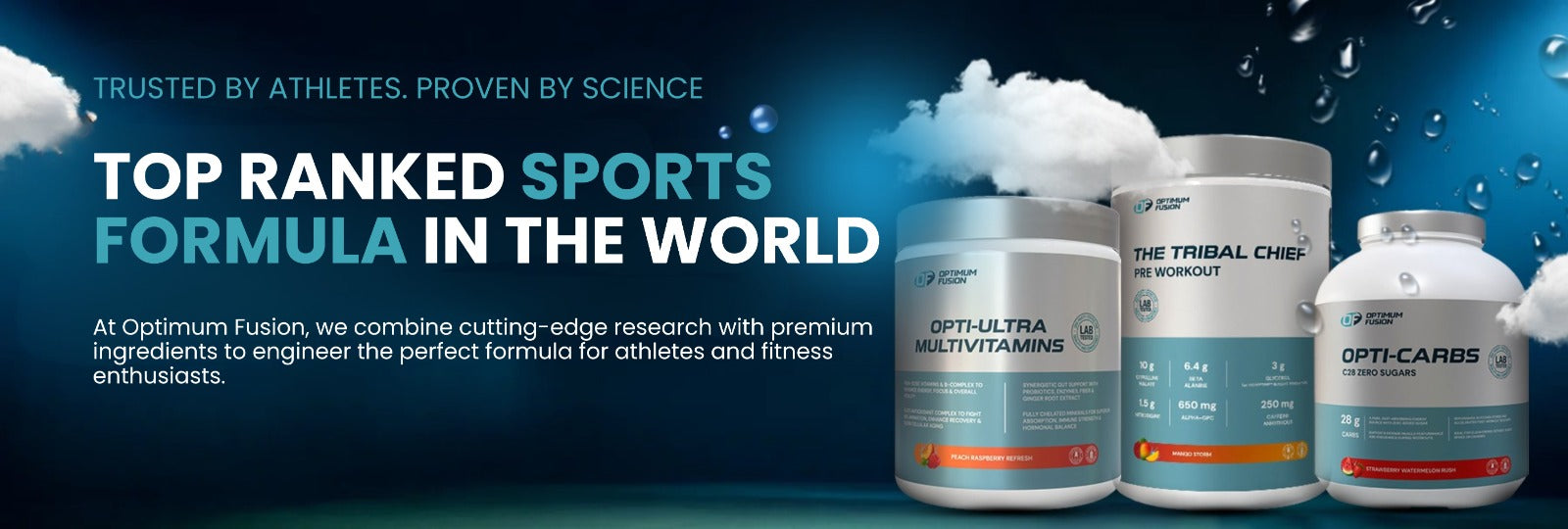 Optimum Fusion sports formula containers with text on a blue background