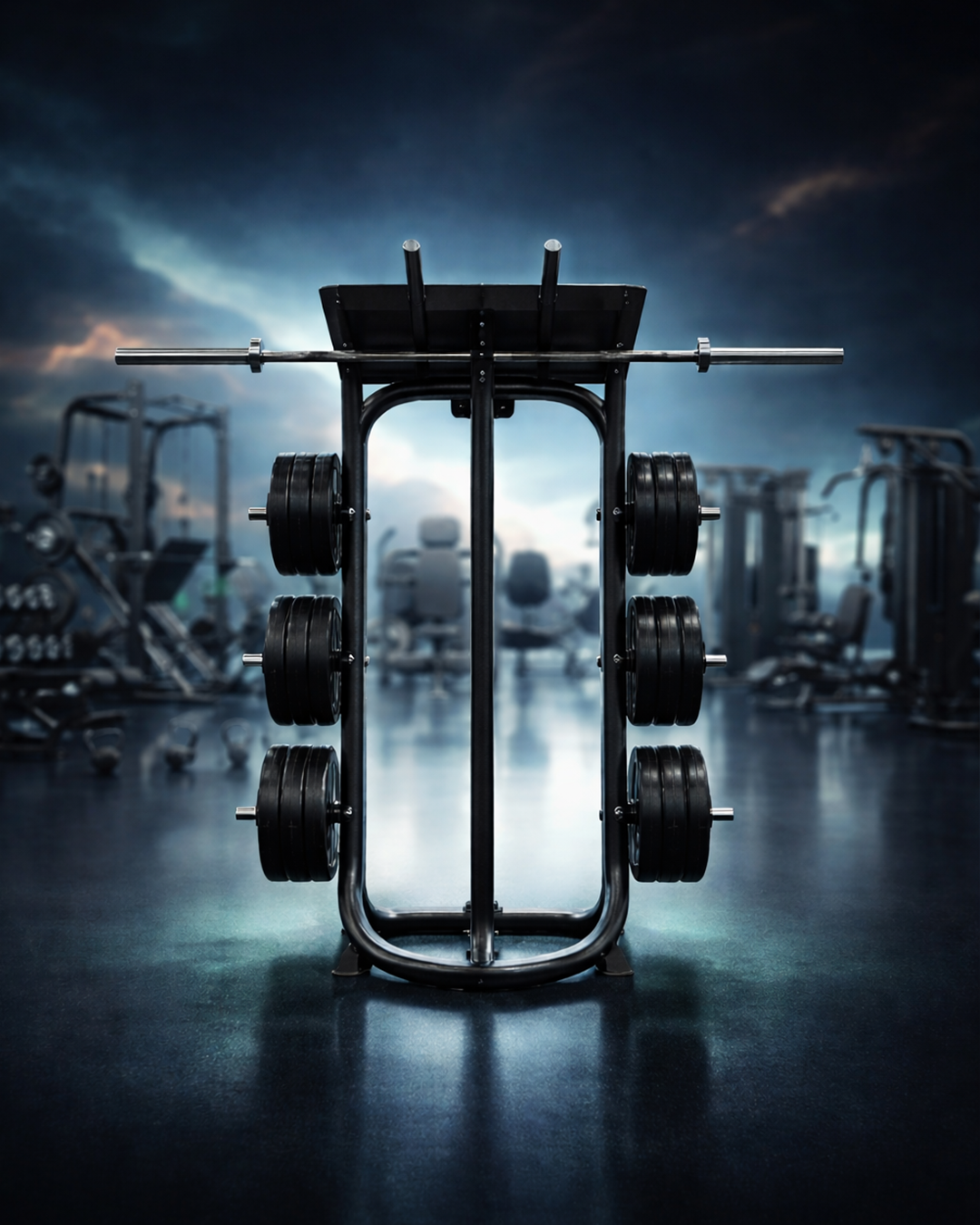 Weight rack with weights in a gym setting