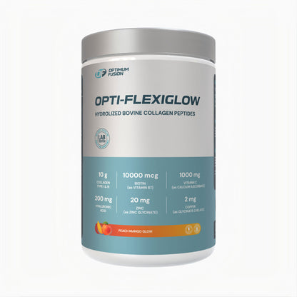 Optimum Fusion Opti-Flexiglow collagen peptides tub – Peach Mango Glow
