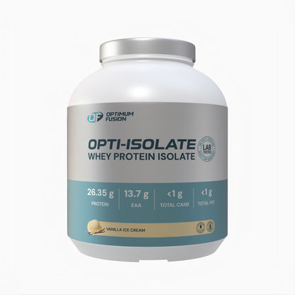 Optimum Fusion Opti-Isolate whey protein isolate tub – Vanilla Ice Cream